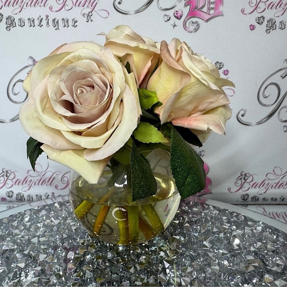 Elegant Cream Rose Arrangement in Glass Vase water look vase pink